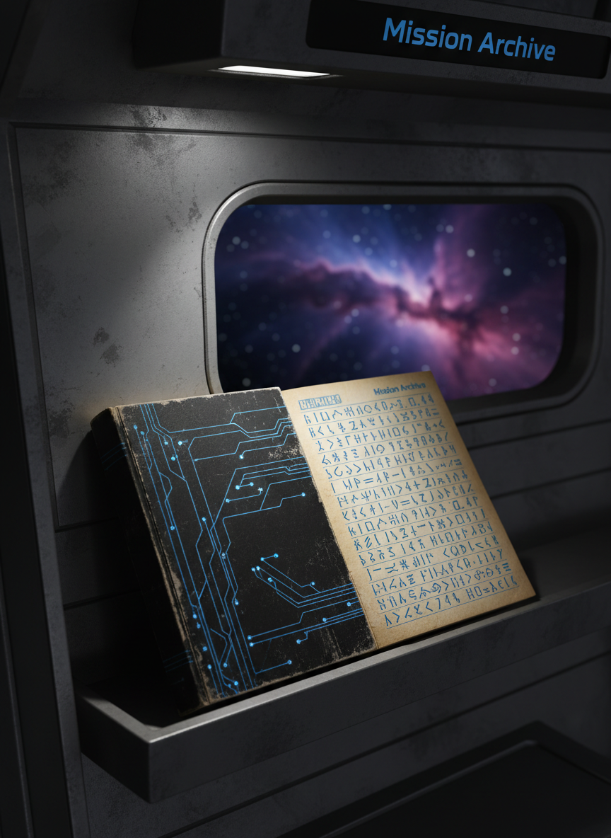 A detailed close-up of a weathered starship logbook, its matte-black polycarbonate cover etched with fine, glowing blue circuitry patterns and the faint inscription “Mission Archive” in a clean, futuristic font. The book lies open on a narrow metallic shelf embedded in a starship bulkhead, pages filled with tidy, abstract glyphs. Soft, directional overhead lighting creates gentle highlights on the etched patterns and casts precise shadows along the page edges. In the background, visible through a small oval porthole, a nebula of deep indigo and magenta clouds stretches across space, slightly out of focus. Photographic realism, eye-level composition, and a quiet, introspective atmosphere suggesting carefully recorded journeys to distant stars.