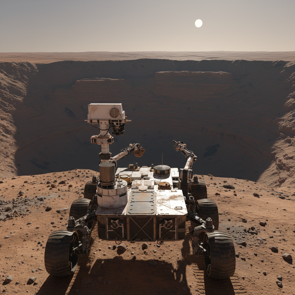 A rugged, unmanned planetary rover with articulated arms and polished sensor arrays, its white and graphite panels dusted with fine red regolith, parked at the edge of a shadowed Martian crater. The crater interior drops steeply into darkness, with hints of layered rock illuminated by low, golden-hour sunlight from a cold distant sun. Photographic realism with high-detail textures on metal, rock, and dust. The camera is positioned slightly above and behind the rover, using leading lines from its tracks to draw the eye toward the crater. The atmosphere feels bold and exploratory, quietly celebrating the engineering that extends human reach into deep space.