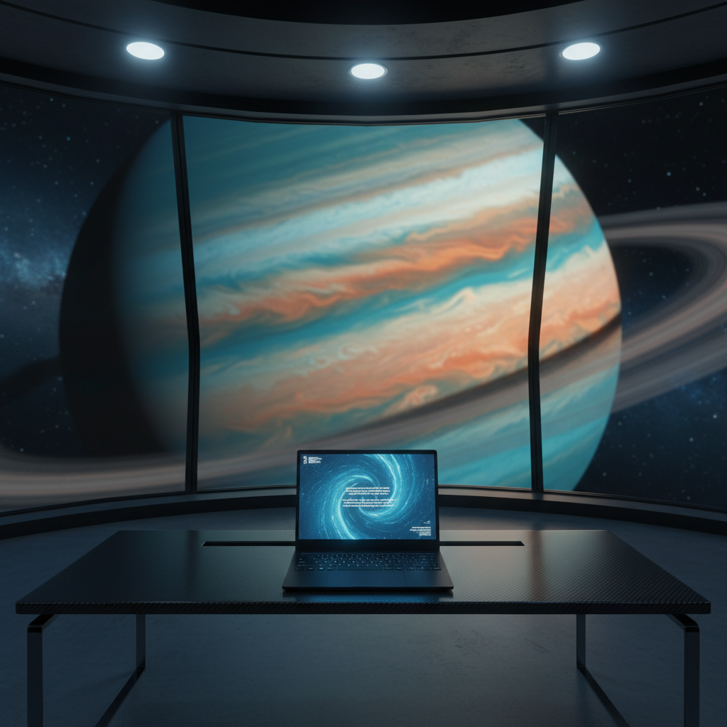 A professional writer’s minimalist workstation set inside a panoramic space observatory. A slim, matte-black laptop rests on a smooth carbon-fiber desk, with its screen displaying an abstract starfield and glowing text-like lines, intentionally unreadable. Beyond the floor-to-ceiling transparent viewport, a massive ringed gas giant fills the background in photographic realism, bands of teal and amber swirling in soft motion blur. Dim, cool-white overhead lights create subtle reflections on the desk, balanced by the soft, ethereal glow from the planet. Shot from a slightly elevated angle with shallow depth of field focusing on the laptop, the mood is calm, focused, and inspired by boundless cosmic possibility.