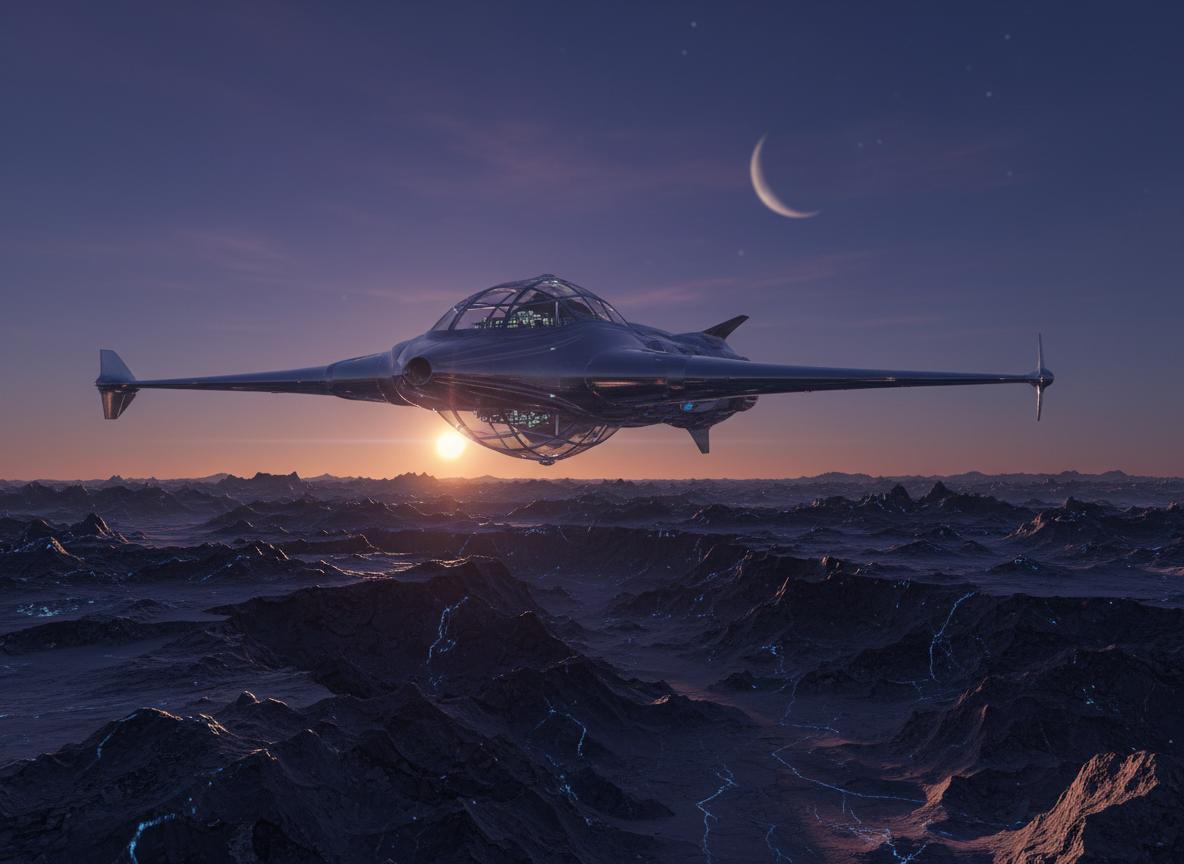 A sleek silver starship with swept-back wings and a crystalline observation dome, suspended just above the jagged horizon of a twilight alien planet. The landscape below is composed of dark basalt ridges and faintly glowing mineral veins in blues and violets. Photographic realism with crisp detail, illuminated by a distant orange sun casting long, dramatic shadows across the hull. A second, smaller moon hangs in the sky, slightly blurred to create depth. Shot from a low, three-quarter angle, rule-of-thirds composition, with subtle lens flare and a calm, anticipatory atmosphere that suggests the beginning of an interstellar journey.
