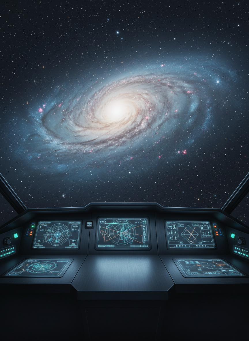 An expansive starfield rendered in photographic realism, featuring a luminous spiral galaxy dominating the upper frame, its arms tinted pale blue and soft rose. In the foreground, a dark, metallic navigation console stretches across the lower edge, dotted with glowing holographic charts and crisp digital readouts, all text abstract and unreadable. Cool, dim cockpit lighting casts gentle reflections on the brushed metal surface. The scene is shot from an eye-level perspective, with shallow depth of field keeping the console in sharp focus while the galaxy beyond is slightly softened. The mood is professional, contemplative, and focused on charting a precise course to the stars.
